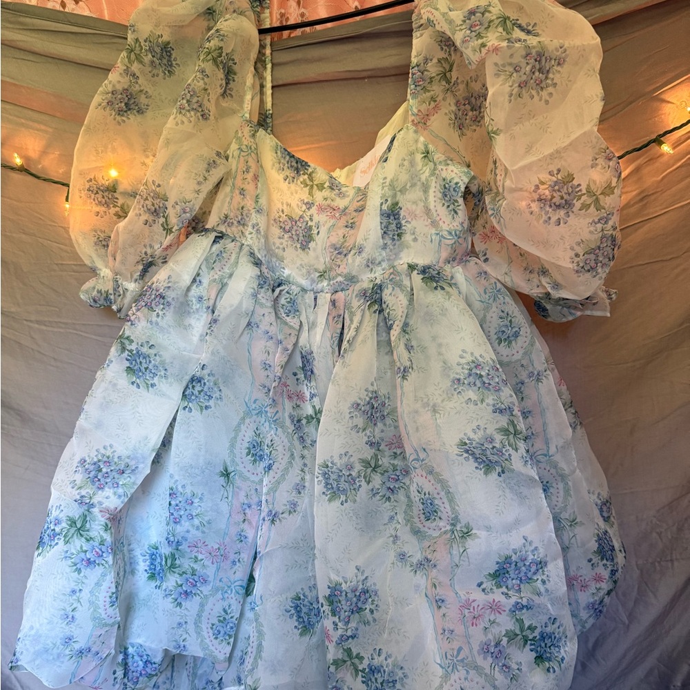 Selkie Floral Puff-Sleeve Mini Dress in Light Blue and White